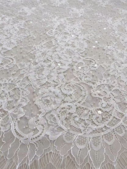 2026 White Pearl Chantilly French Eyelash Lace Fabric, Beaded Floral Scalloped Lace Fabric for Wedding Dress Veils, Price per 3 Meters