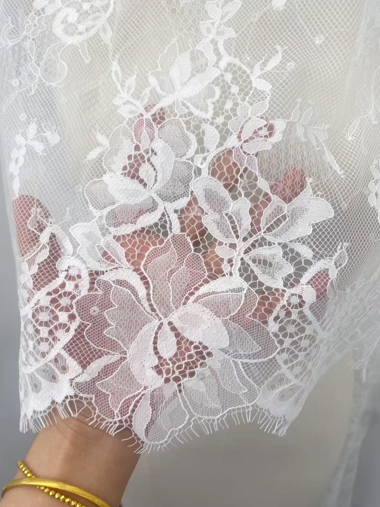Clear Sequins French Chantilly Lace Fabric, Ivory Bridal Floral Lace with Eyelash for Wedding Dress, Veil, Overlay, Sold by 3 Meters 1 Piece