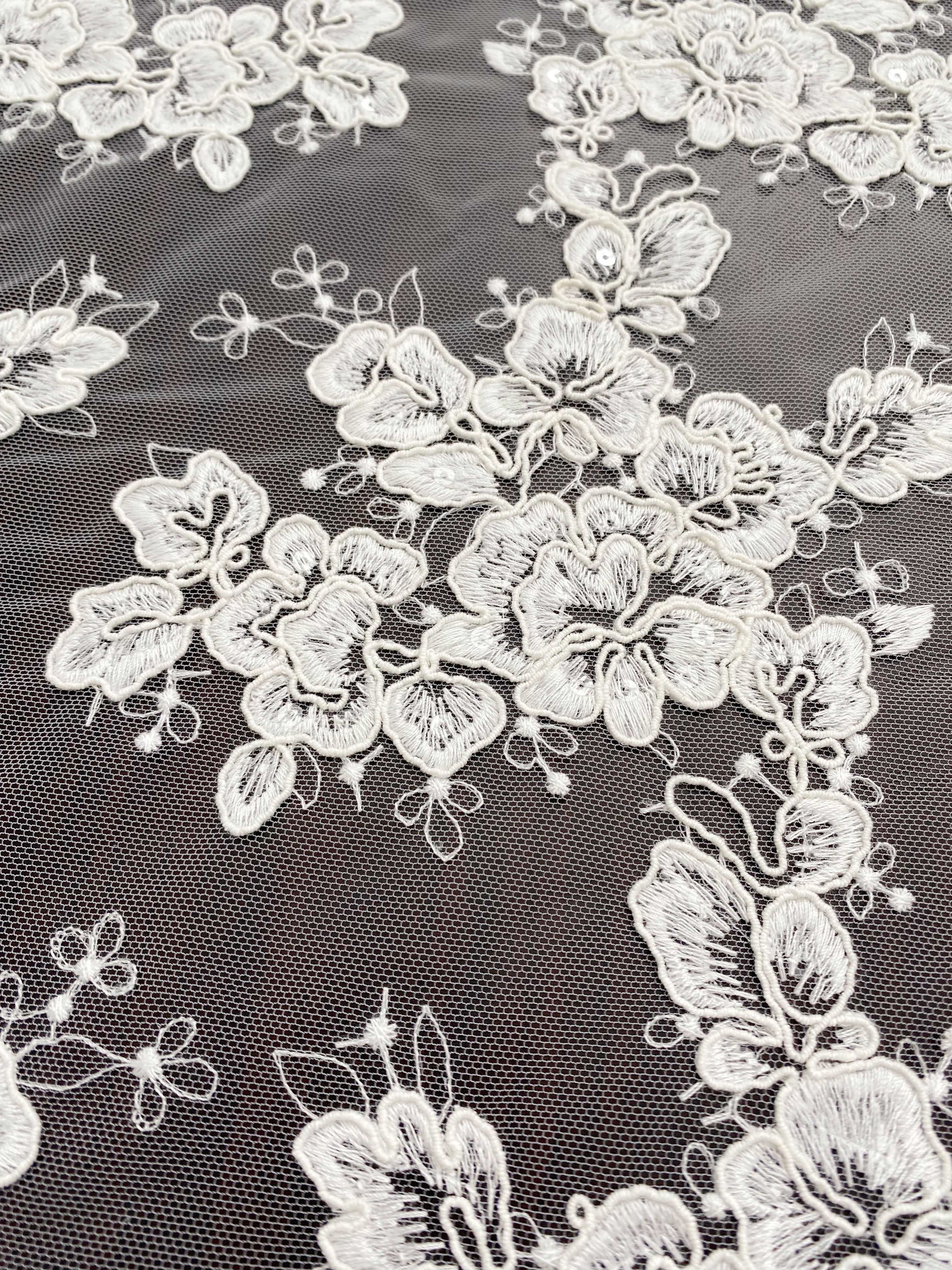 Ivory Corded Chantilly Lace Fabric ,Alencon Lace Fabric with Sequins for Wedding Dress, Veil, Floral Embroidery lace by the yard