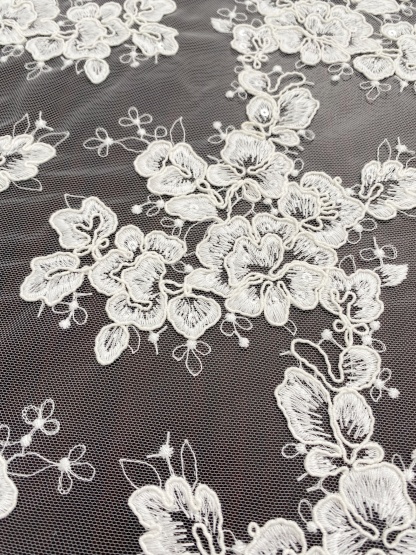 Ivory Corded Chantilly Lace Fabric ,Alencon Lace Fabric with Sequins for Wedding Dress, Veil, Floral Embroidery lace by the yard
