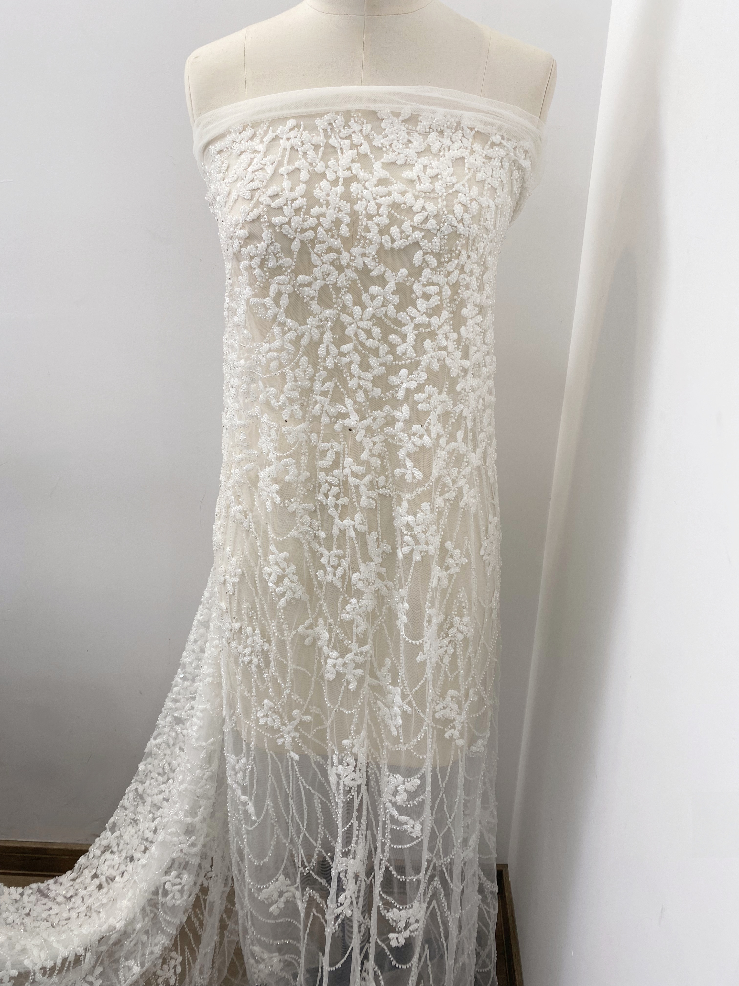 Ivory Beaded Floral Embroidery Tulle Lace Fabric, Beading Leafs Bridal Lace for Wedding Gowns Dresses and Veils, Couture Lace by the Yard