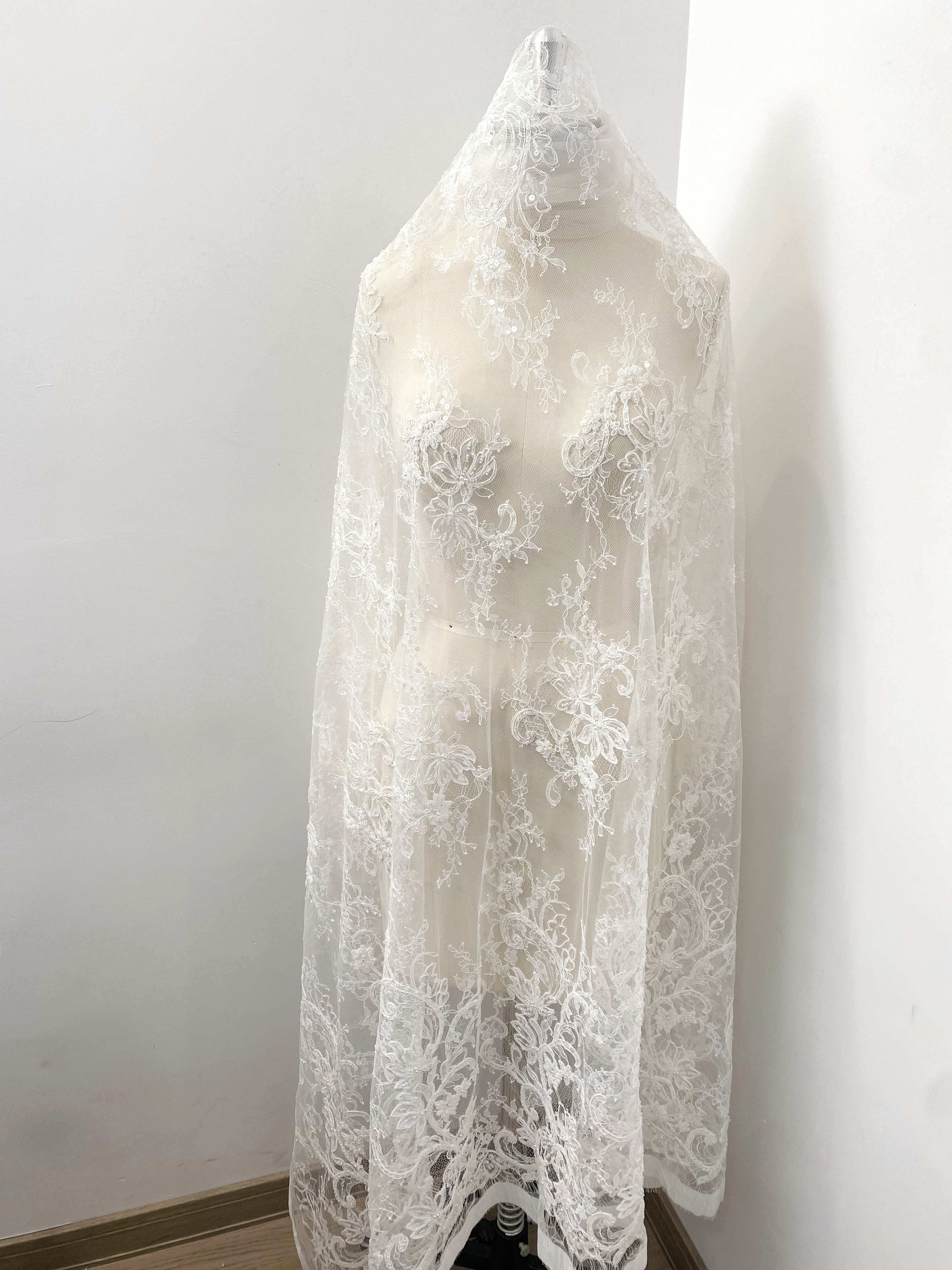 Ivory Beaded Chantilly Lace Fabric for Wedding Dress,Bridal Gown Veil,Sold by 3 Meter