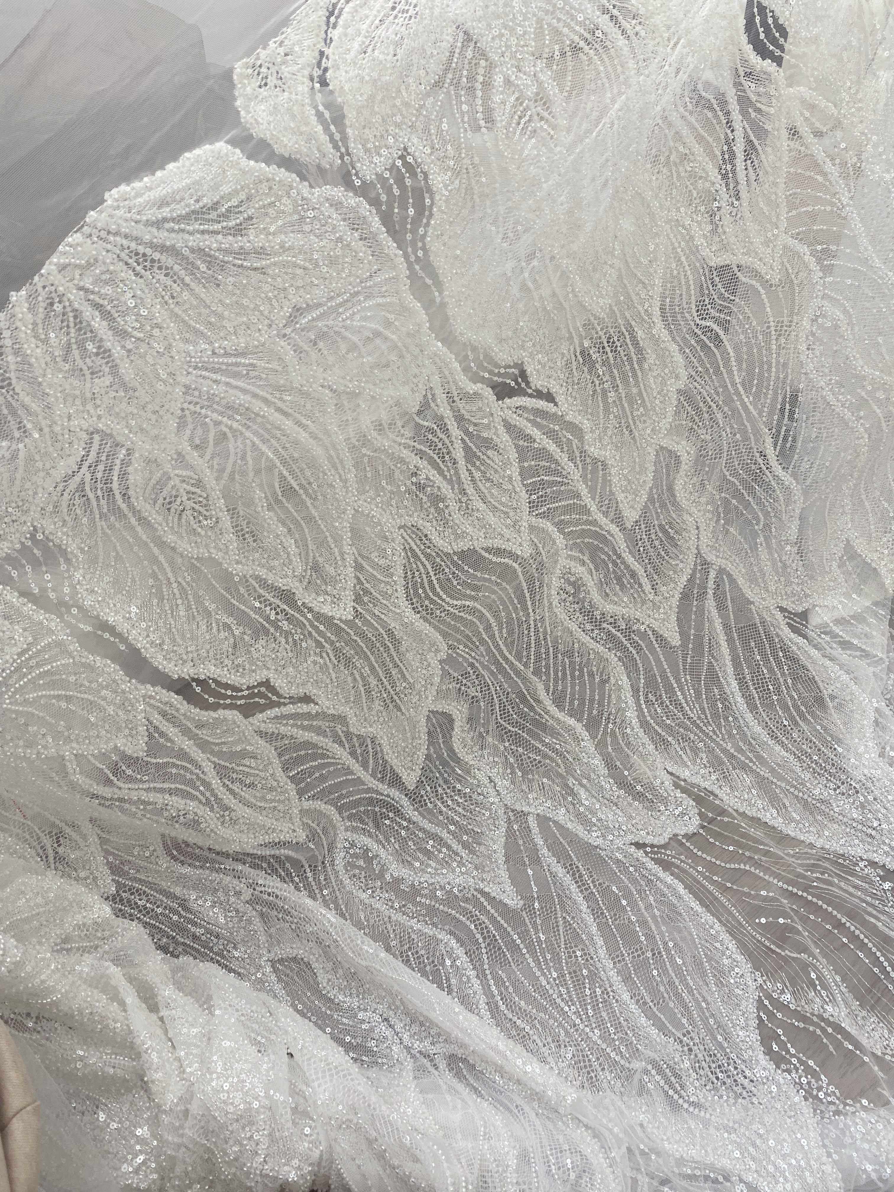 Off-White Heavy Bead Pearls Lace Fabric, Embroidered Tulle Bridal Dress Material, Party Dress Tulle, Beaded Wedding Dress Fabric