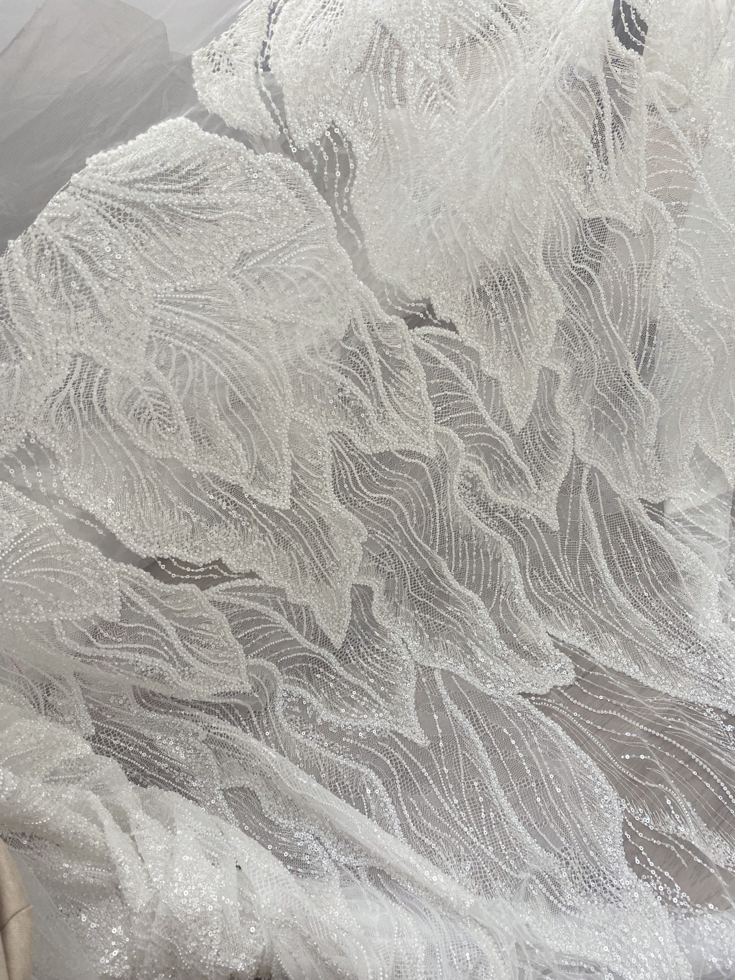 Off-White Heavy Bead Pearls Lace Fabric, Embroidered Tulle Bridal Dress Material, Party Dress Tulle, Beaded Wedding Dress Fabric
