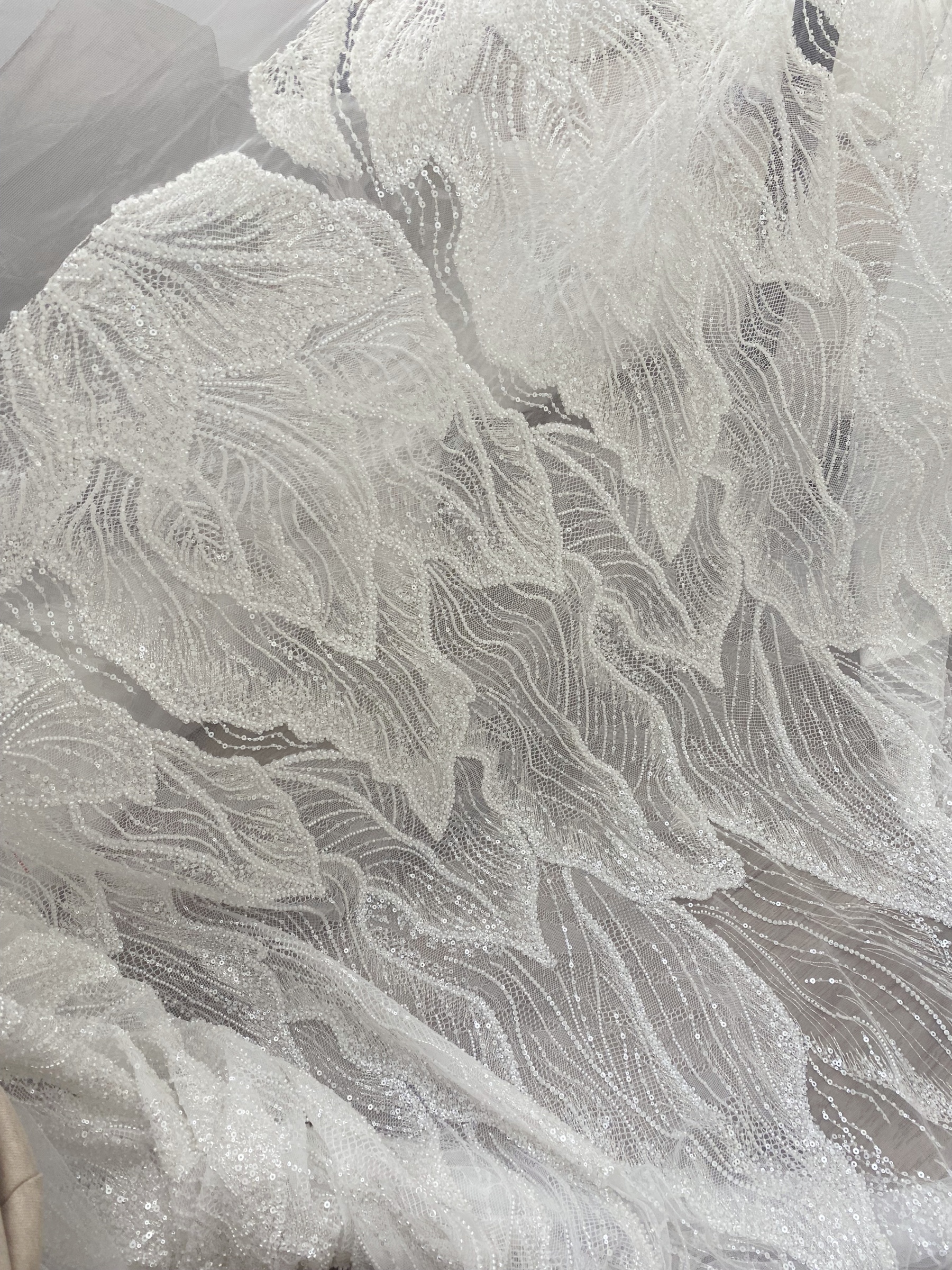 Off-White Heavy Bead Pearls Lace Fabric, Embroidered Tulle Bridal Dress Material, Party Dress Tulle, Beaded Wedding Dress Fabric