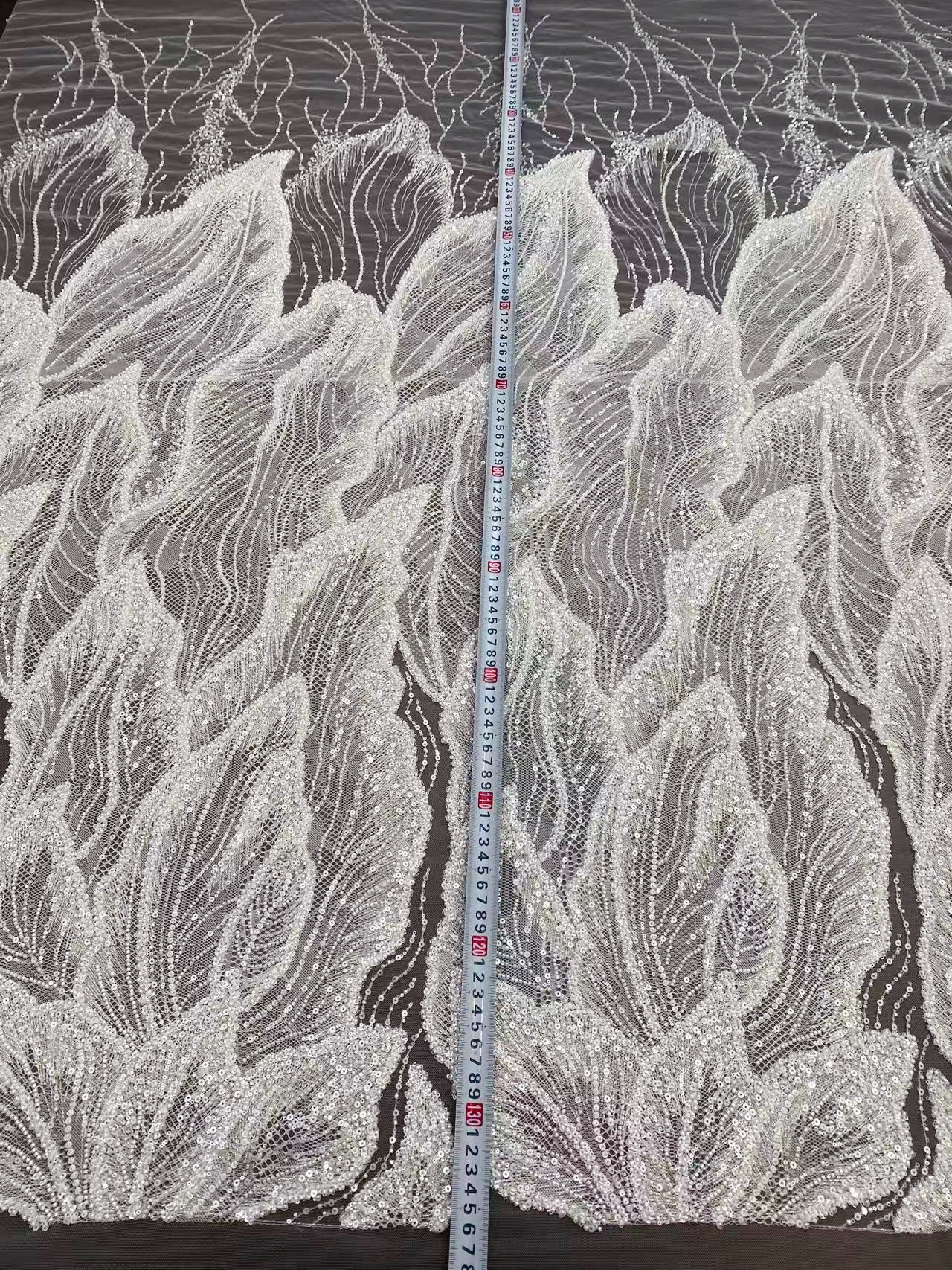 Off-White Heavy Bead Pearls Lace Fabric, Embroidered Tulle Bridal Dress Material, Party Dress Tulle, Beaded Wedding Dress Fabric