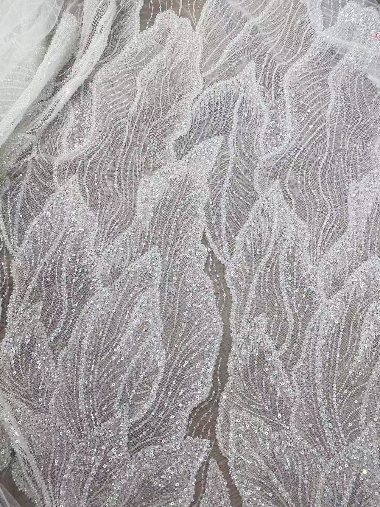 Off-White Heavy Bead Pearls Lace Fabric, Embroidered Tulle Bridal Dress Material, Party Dress Tulle, Beaded Wedding Dress Fabric