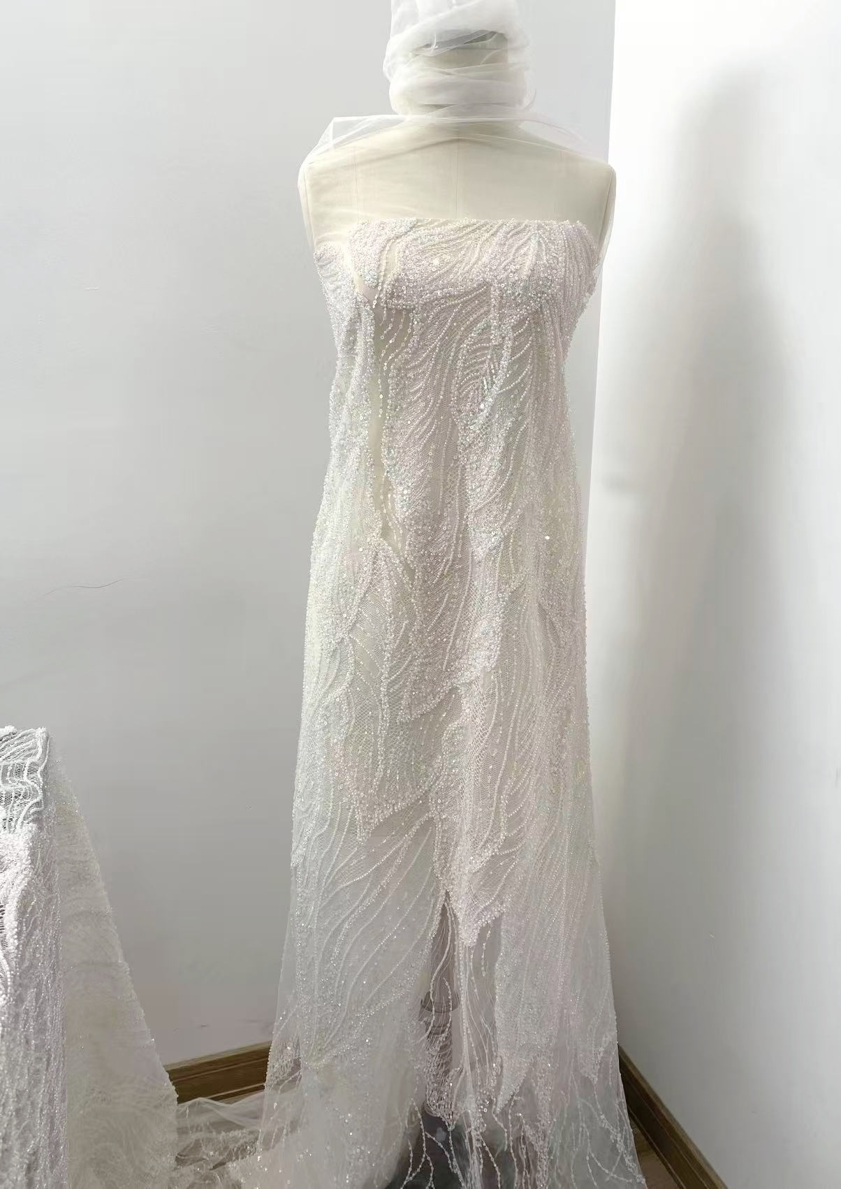 Off-White Heavy Bead Pearls Lace Fabric, Embroidered Tulle Bridal Dress Material, Party Dress Tulle, Beaded Wedding Dress Fabric
