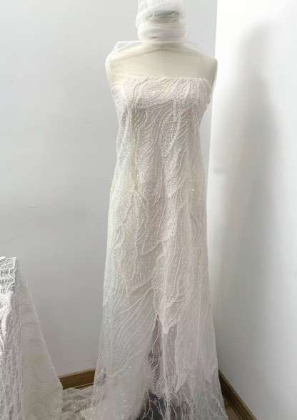 Off-White Heavy Bead Pearls Lace Fabric, Embroidered Tulle Bridal Dress Material, Party Dress Tulle, Beaded Wedding Dress Fabric