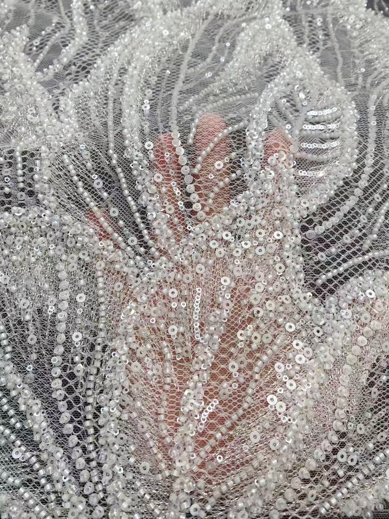 Off-White Heavy Bead Pearls Lace Fabric, Embroidered Tulle Bridal Dress Material, Party Dress Tulle, Beaded Wedding Dress Fabric