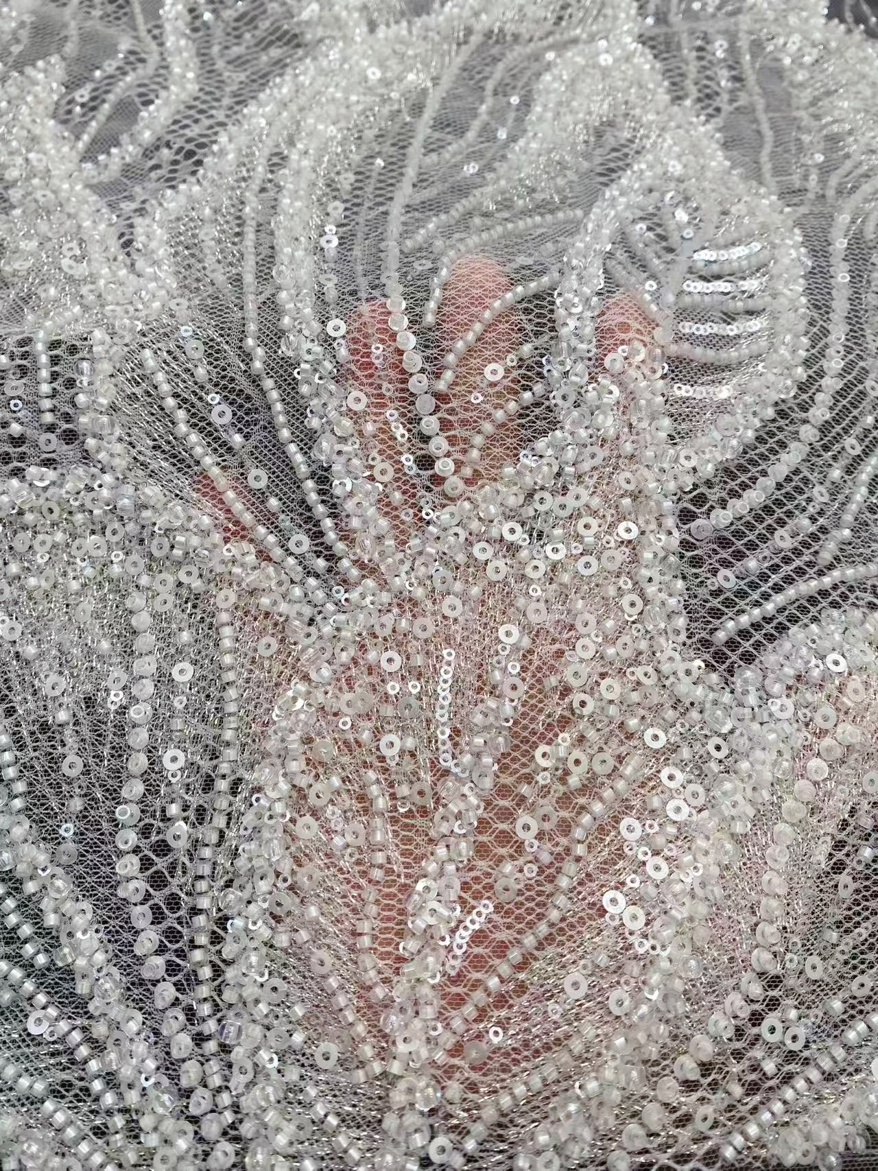 Off-White Heavy Bead Pearls Lace Fabric, Embroidered Tulle Bridal Dress Material, Party Dress Tulle, Beaded Wedding Dress Fabric