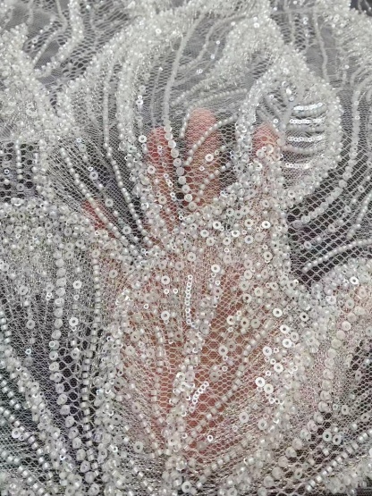 Off-White Heavy Bead Pearls Lace Fabric, Embroidered Tulle Bridal Dress Material, Party Dress Tulle, Beaded Wedding Dress Fabric