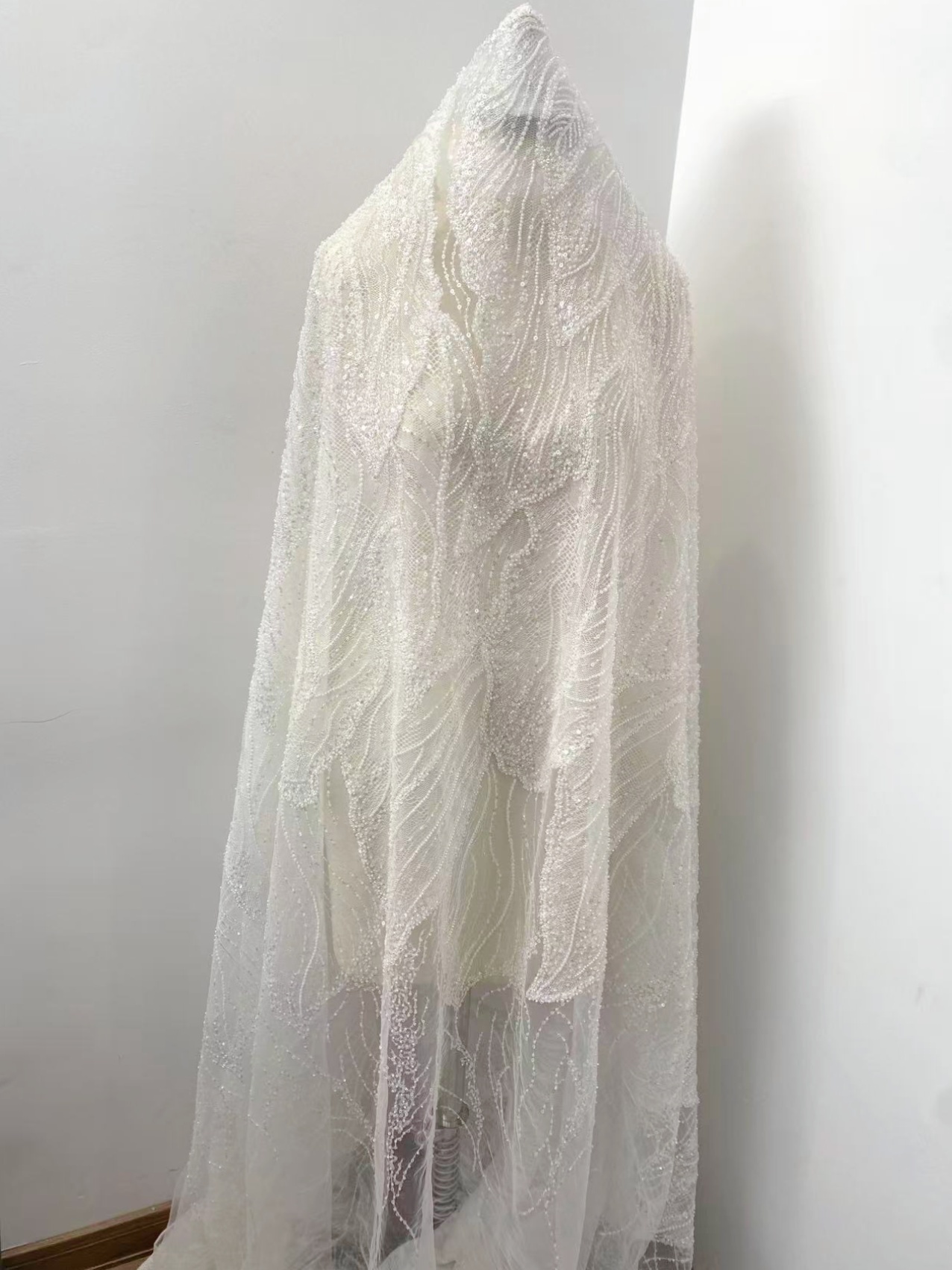 Off-White Heavy Bead Pearls Lace Fabric, Embroidered Tulle Bridal Dress Material, Party Dress Tulle, Beaded Wedding Dress Fabric