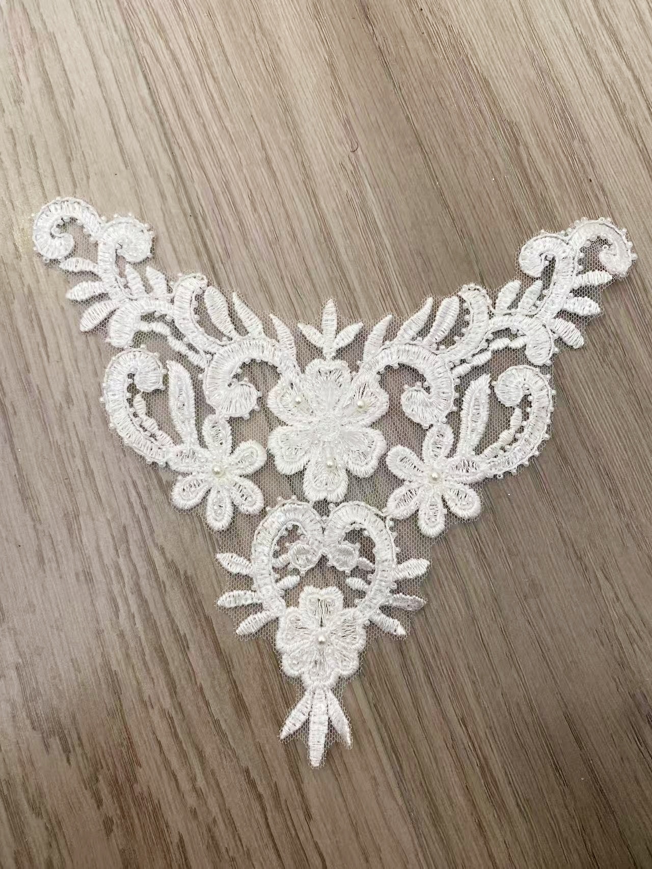 Off White Floral Lace Applique,Pearl Embroidered Bridal Embellishment for Wedding Dress, Bridal Gown, Party Gown, (20X13cm) -1pc