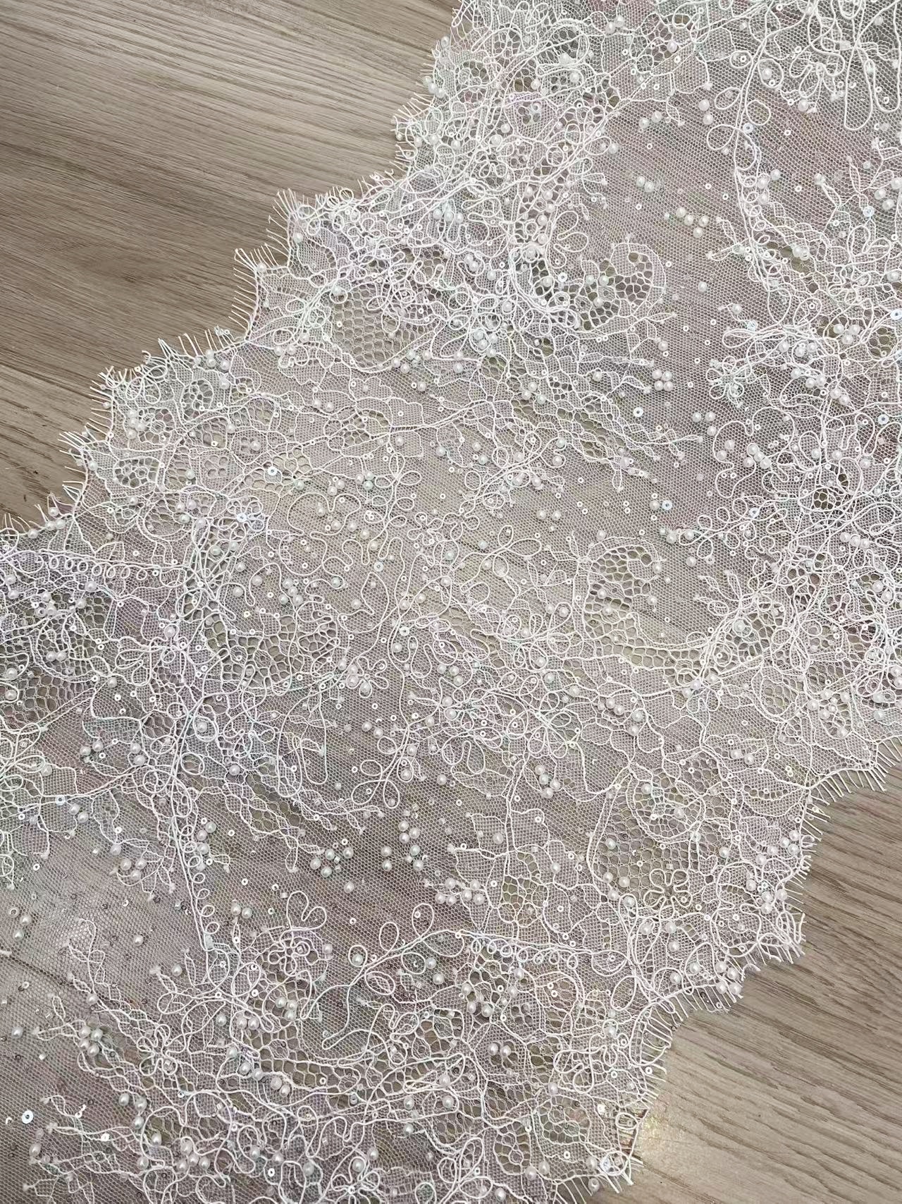 3 Meters French Chantilly Lace Trim with Pearls, Beaded Lace Trimming with Corded Eyelash | Veil Lace Fabric, Bridal Wedding Accessories