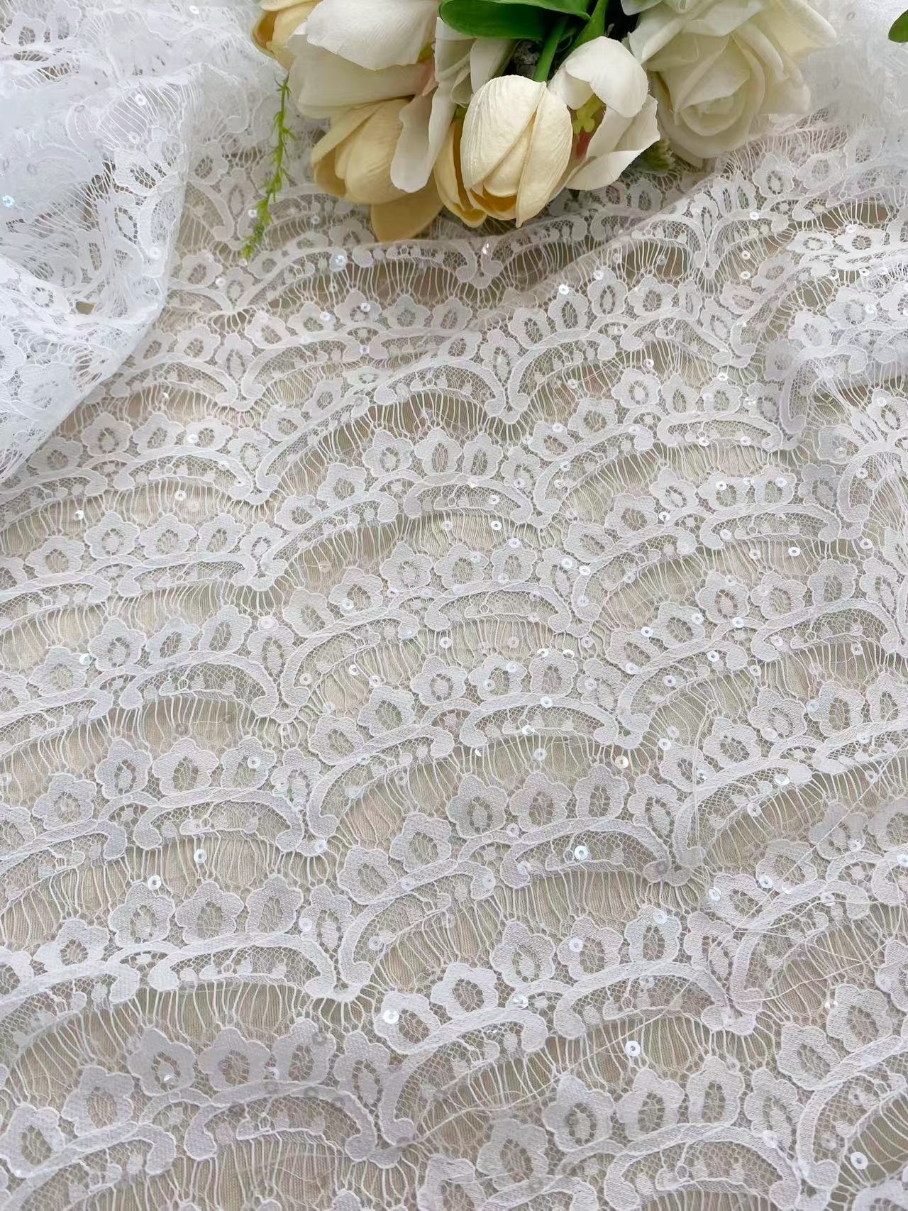 3 Meter Eyelash Lace Fabric with Sequins, Ivory French Wave Lace for Wedding Bridal Dress, Veil, Overlay,Underwear, Soft Bridal Tulle fabric