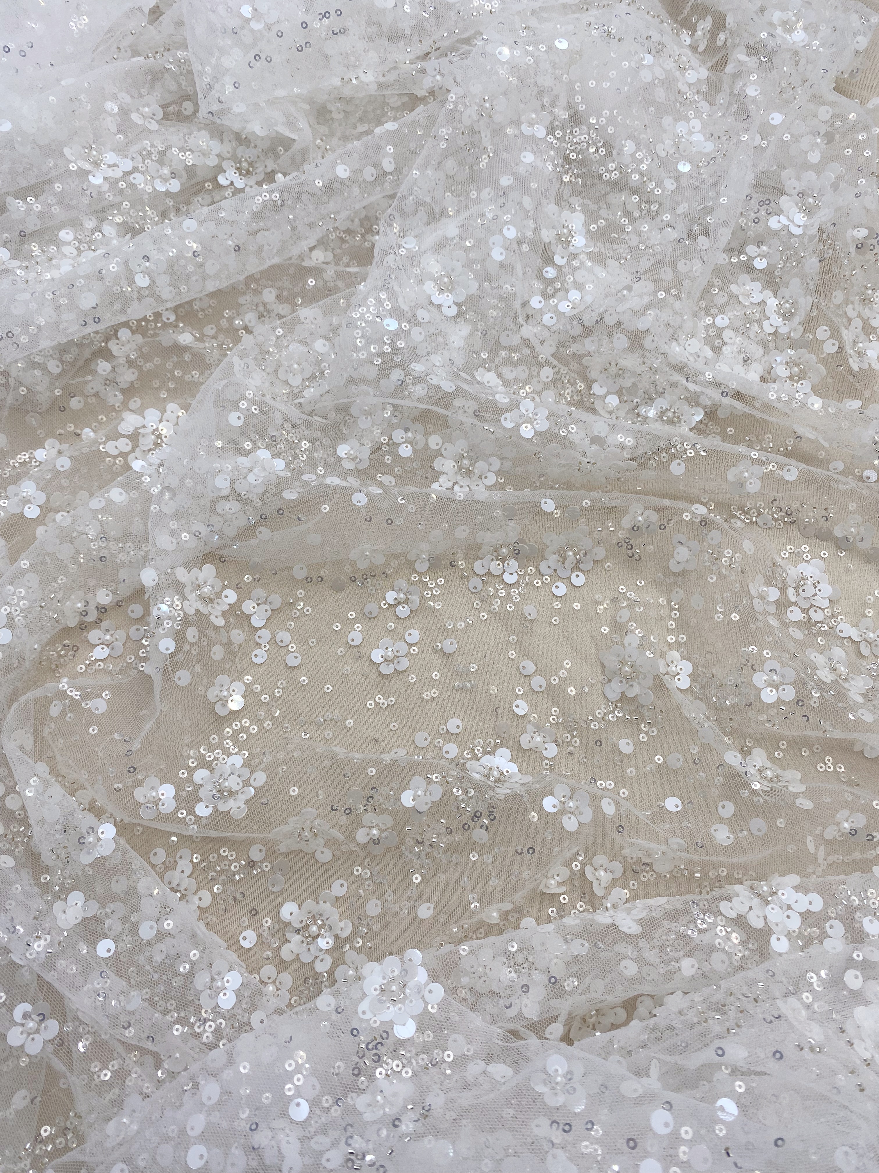 3D Flower Sequine Tulle Lace Fabric, White Heavy Beaded Bridal Mesh Lace for Wedding Dress, Veil, Skirt, Embroidery Tulle fabric by the yard