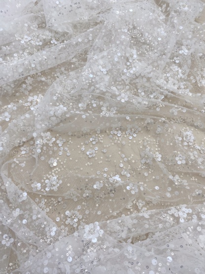 3D Flower Sequine Tulle Lace Fabric, White Heavy Beaded Bridal Mesh Lace for Wedding Dress, Veil, Skirt, Embroidery Tulle fabric by the yard