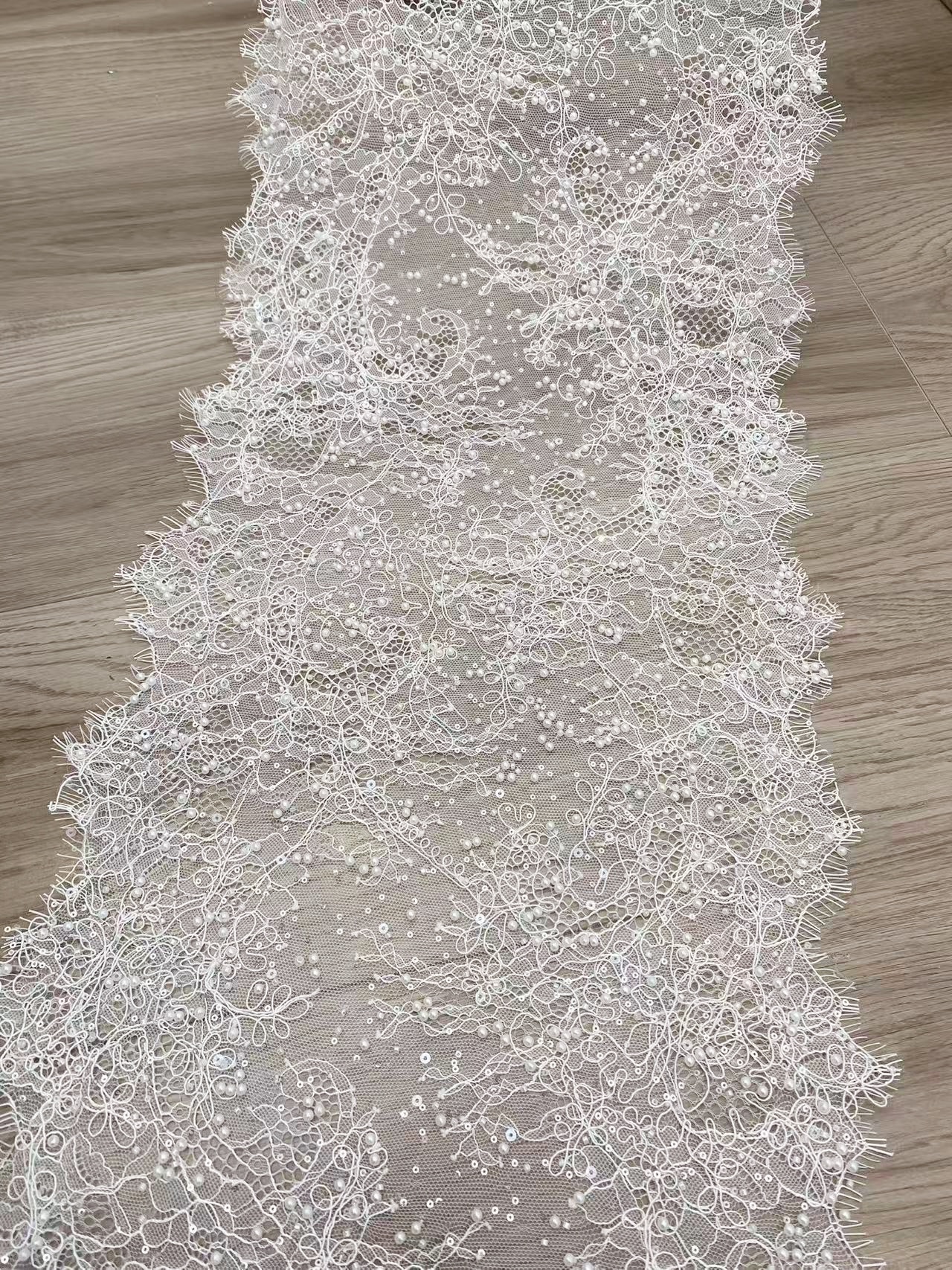 3 Meters French Chantilly Lace Trim with Pearls, Beaded Lace Trimming with Corded Eyelash | Veil Lace Fabric, Bridal Wedding Accessories