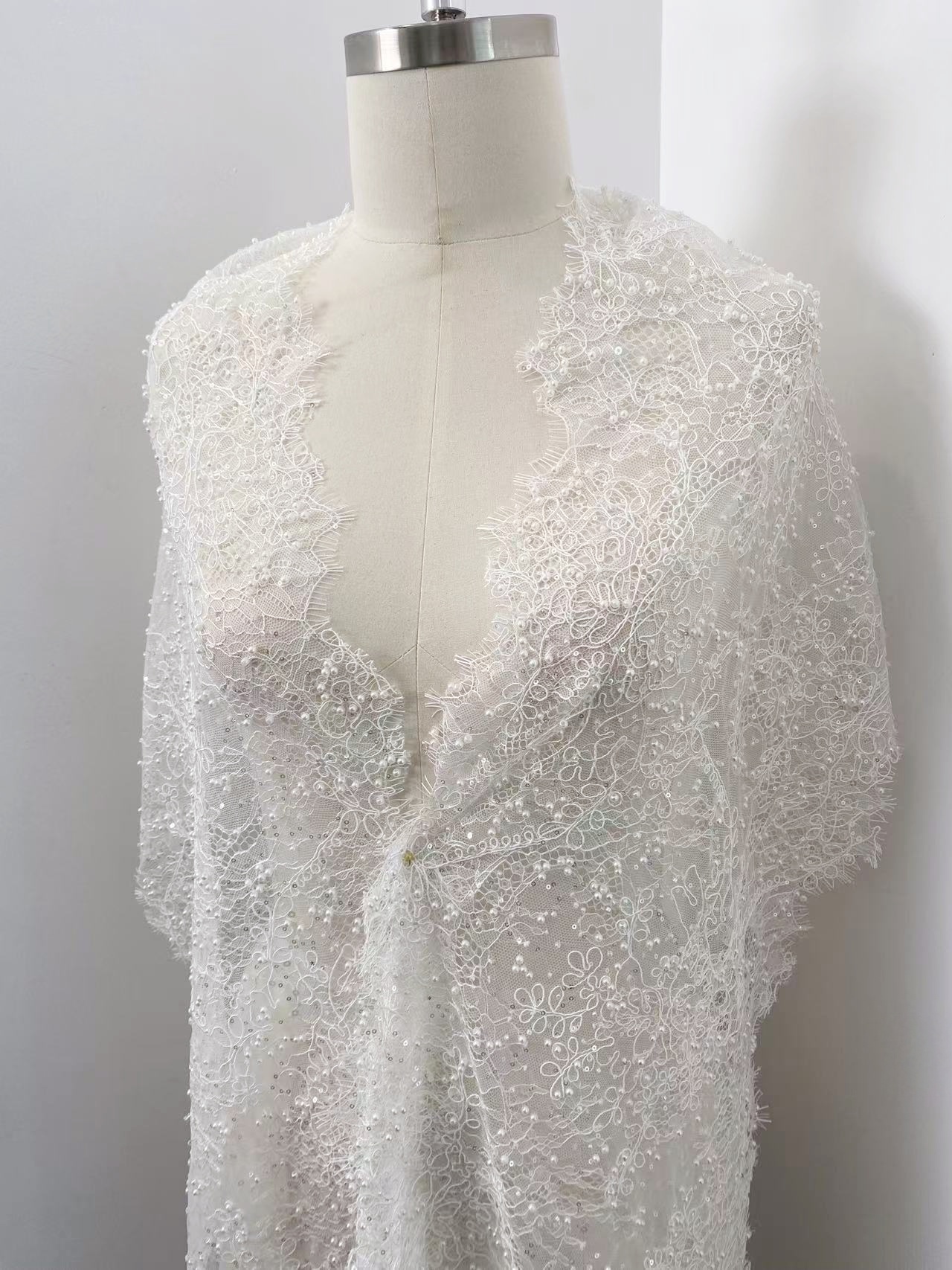 3 Meters French Chantilly Lace Trim with Pearls, Beaded Lace Trimming with Corded Eyelash | Veil Lace Fabric, Bridal Wedding Accessories
