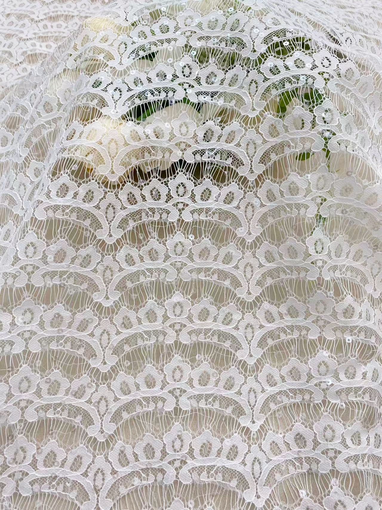 3 Meter Eyelash Lace Fabric with Sequins, Ivory French Wave Lace for Wedding Bridal Dress, Veil, Overlay,Underwear, Soft Bridal Tulle fabric