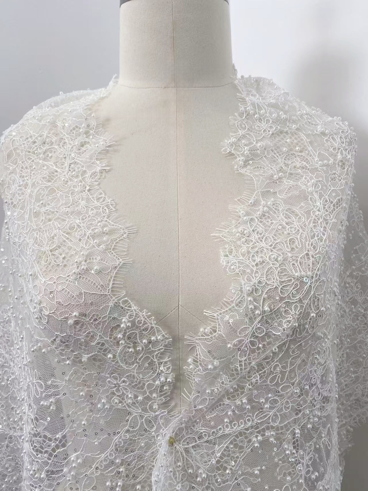 3 Meters French Chantilly Lace Trim with Pearls, Beaded Lace Trimming with Corded Eyelash | Veil Lace Fabric, Bridal Wedding Accessories
