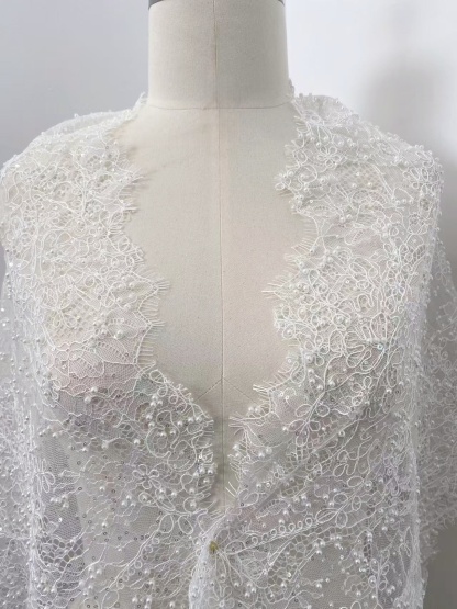 3 Meters French Chantilly Lace Trim with Pearls, Beaded Lace Trimming with Corded Eyelash | Veil Lace Fabric, Bridal Wedding Accessories