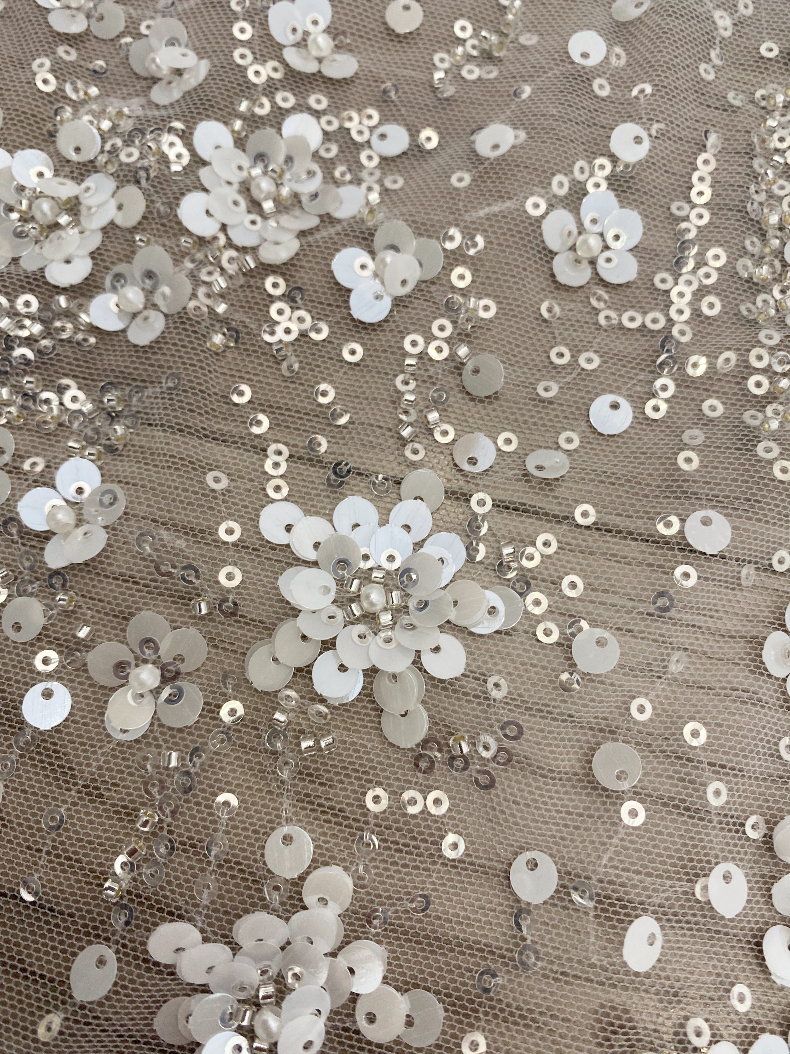 3D Flower Sequine Tulle Lace Fabric, White Heavy Beaded Bridal Mesh Lace for Wedding Dress, Veil, Skirt, Embroidery Tulle fabric by the yard