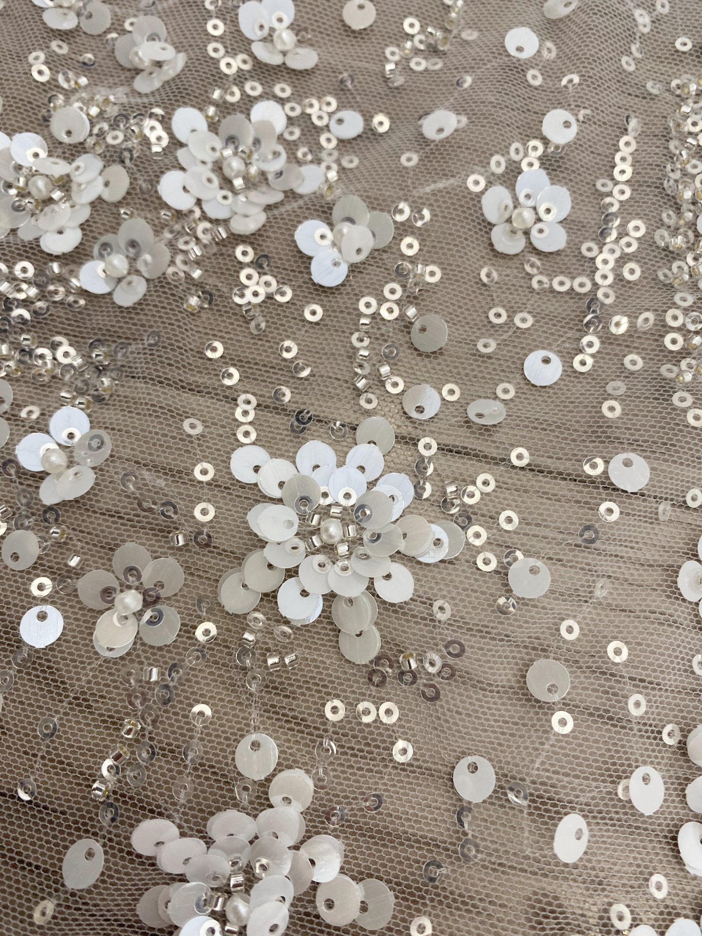 3D Flower Sequine Tulle Lace Fabric, White Heavy Beaded Bridal Mesh Lace for Wedding Dress, Veil, Skirt, Embroidery Tulle fabric by the yard