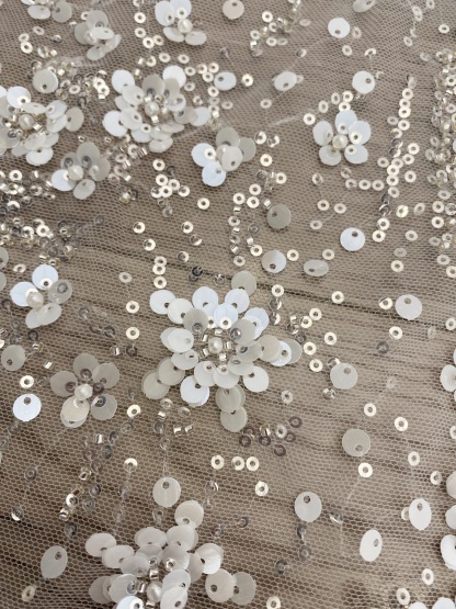 3D Flower Sequine Tulle Lace Fabric, White Heavy Beaded Bridal Mesh Lace for Wedding Dress, Veil, Skirt, Embroidery Tulle fabric by the yard