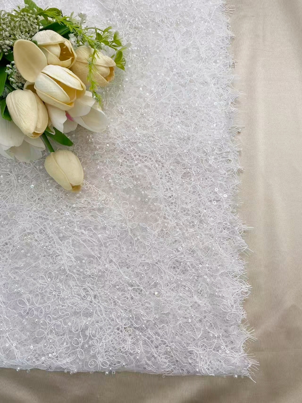 3 Meters French Chantilly Lace Trim with Pearls, Beaded Lace Trimming with Corded Eyelash | Veil Lace Fabric, Bridal Wedding Accessories