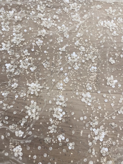 3D Flower Sequine Tulle Lace Fabric, White Heavy Beaded Bridal Mesh Lace for Wedding Dress, Veil, Skirt, Embroidery Tulle fabric by the yard