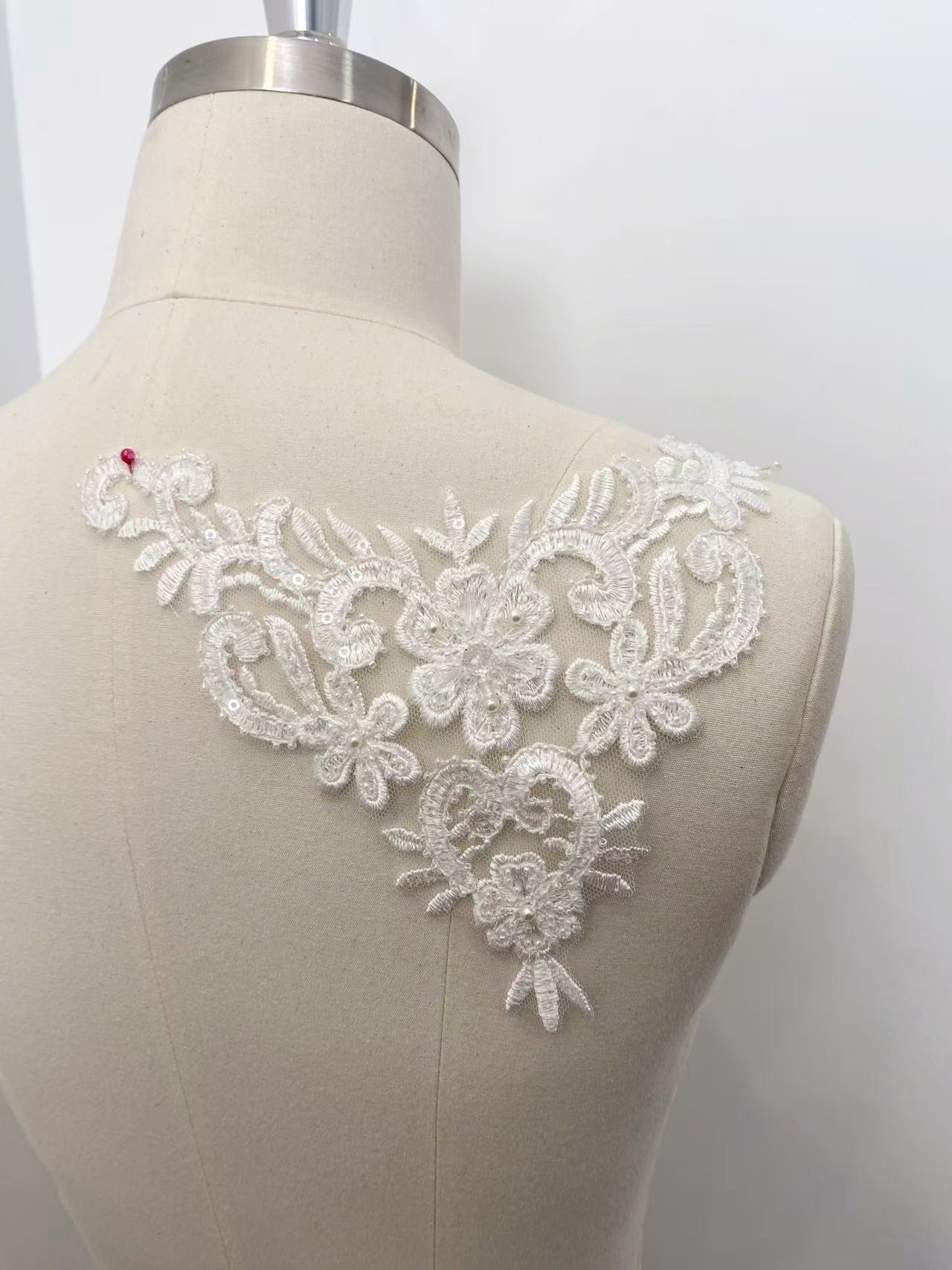 Off White Floral Lace Applique,Pearl Embroidered Bridal Embellishment for Wedding Dress, Bridal Gown, Party Gown, (20X13cm) -1pc