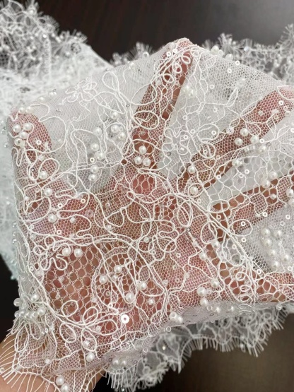 3 Meters French Chantilly Lace Trim with Pearls, Beaded Lace Trimming with Corded Eyelash | Veil Lace Fabric, Bridal Wedding Accessories