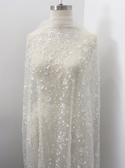 3D Flower Sequine Tulle Lace Fabric, White Heavy Beaded Bridal Mesh Lace for Wedding Dress, Veil, Skirt, Embroidery Tulle fabric by the yard