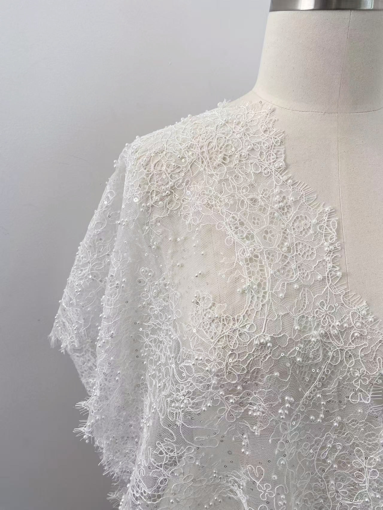 3 Meters French Chantilly Lace Trim with Pearls, Beaded Lace Trimming with Corded Eyelash | Veil Lace Fabric, Bridal Wedding Accessories