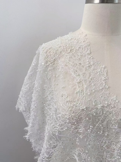 3 Meters French Chantilly Lace Trim with Pearls, Beaded Lace Trimming with Corded Eyelash | Veil Lace Fabric, Bridal Wedding Accessories