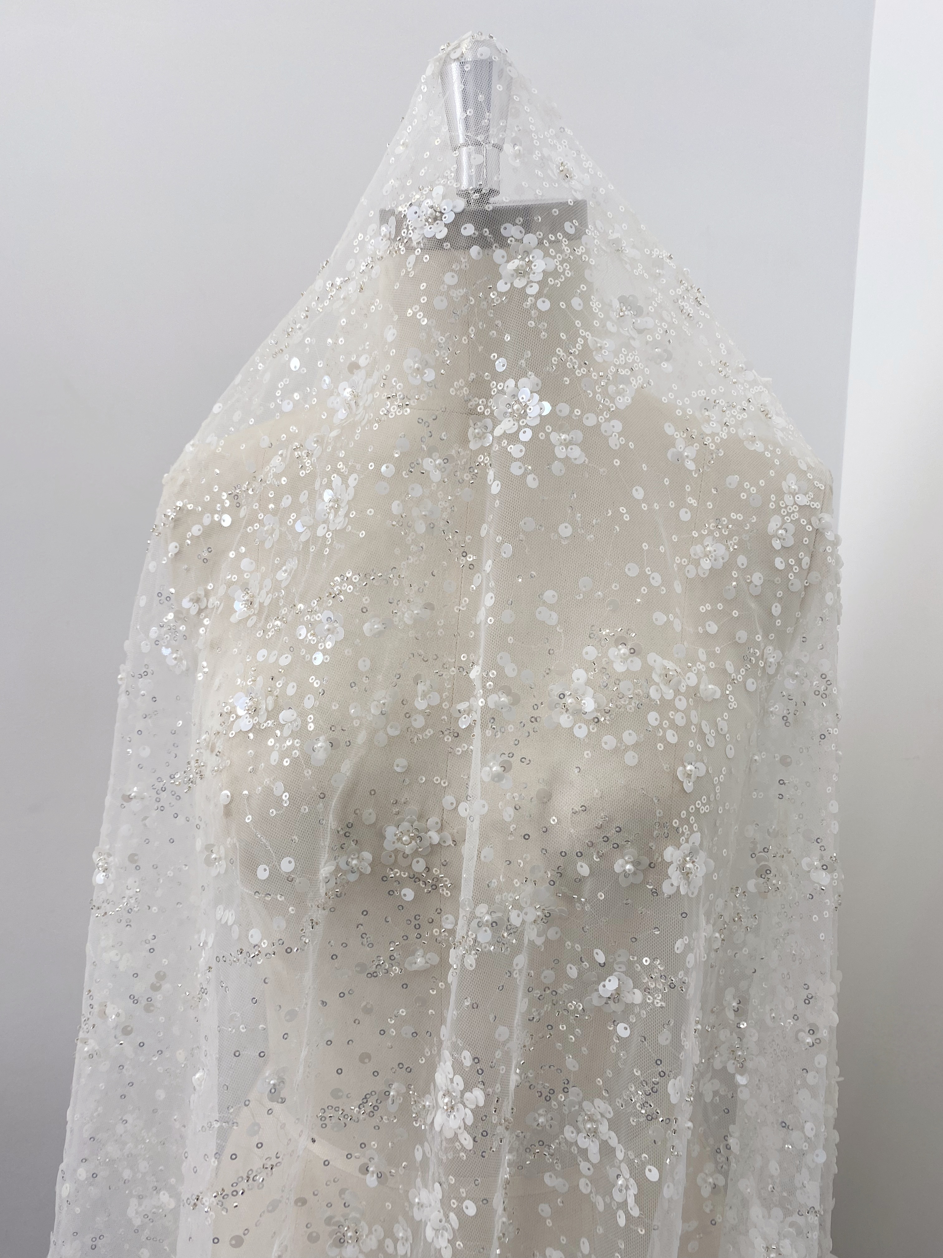 3D Flower Sequine Tulle Lace Fabric, White Heavy Beaded Bridal Mesh Lace for Wedding Dress, Veil, Skirt, Embroidery Tulle fabric by the yard