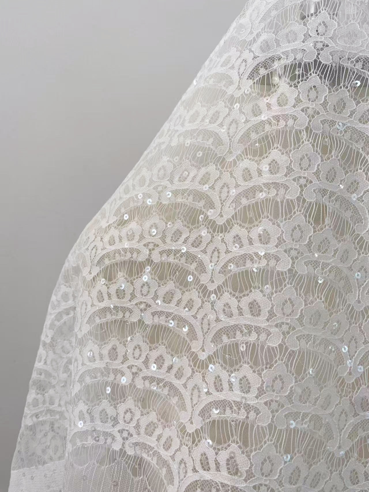 3 Meter Eyelash Lace Fabric with Sequins, Ivory French Wave Lace for Wedding Bridal Dress, Veil, Overlay,Underwear, Soft Bridal Tulle fabric