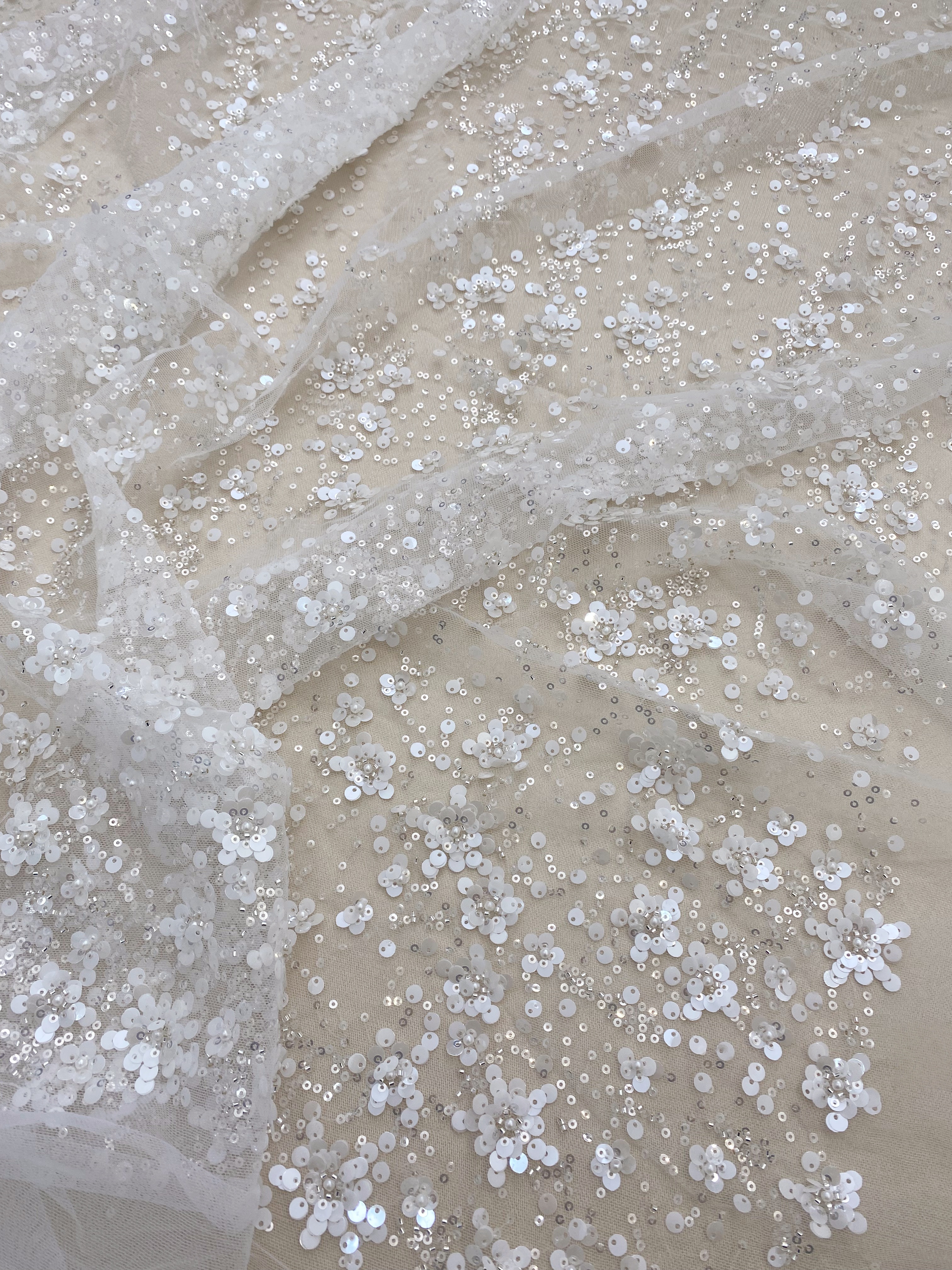 3D Flower Sequine Tulle Lace Fabric, White Heavy Beaded Bridal Mesh Lace for Wedding Dress, Veil, Skirt, Embroidery Tulle fabric by the yard