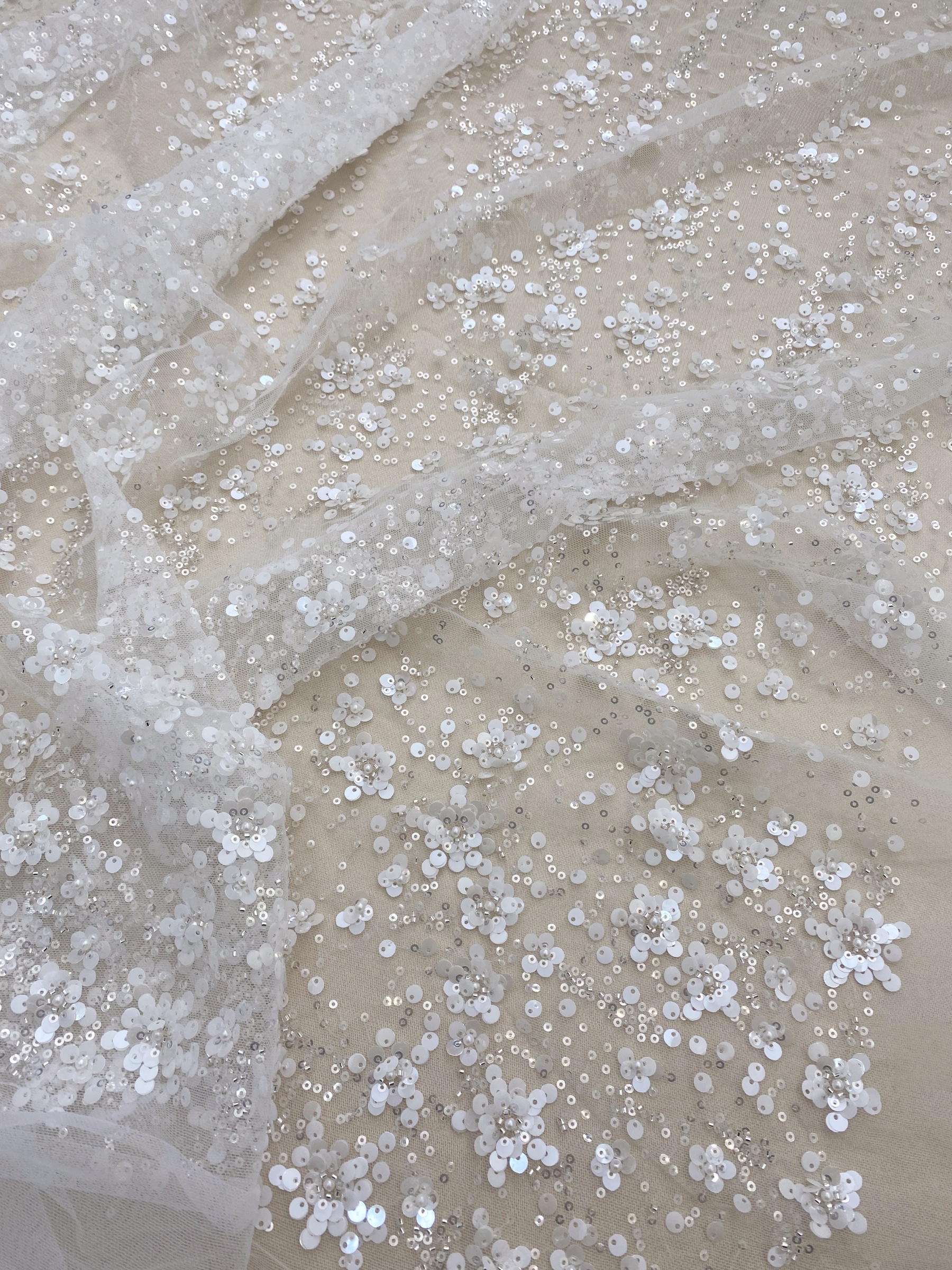 3D Flower Sequine Tulle Lace Fabric, White Heavy Beaded Bridal Mesh Lace for Wedding Dress, Veil, Skirt, Embroidery Tulle fabric by the yard