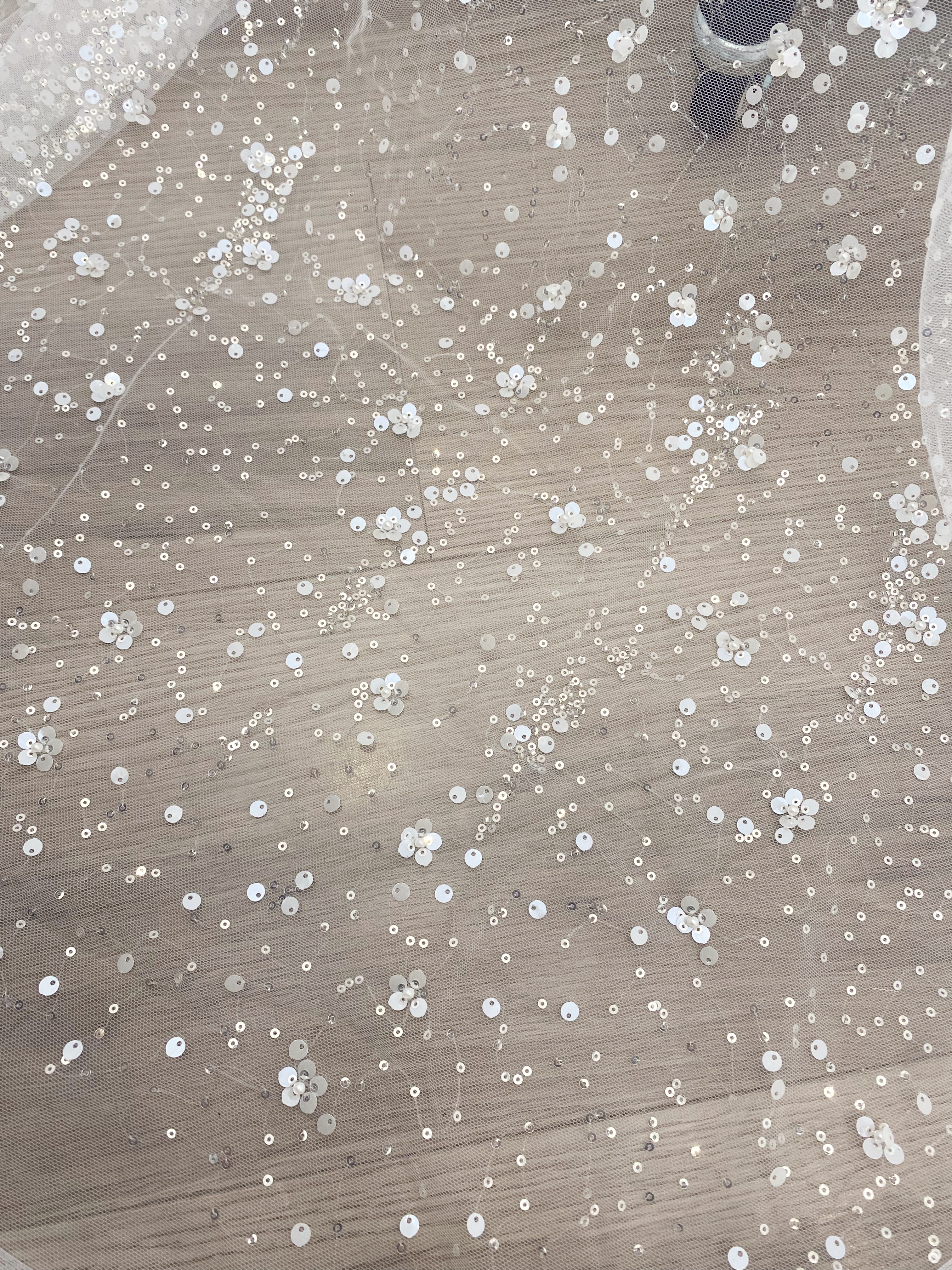 3D Flower Sequine Tulle Lace Fabric, White Heavy Beaded Bridal Mesh Lace for Wedding Dress, Veil, Skirt, Embroidery Tulle fabric by the yard