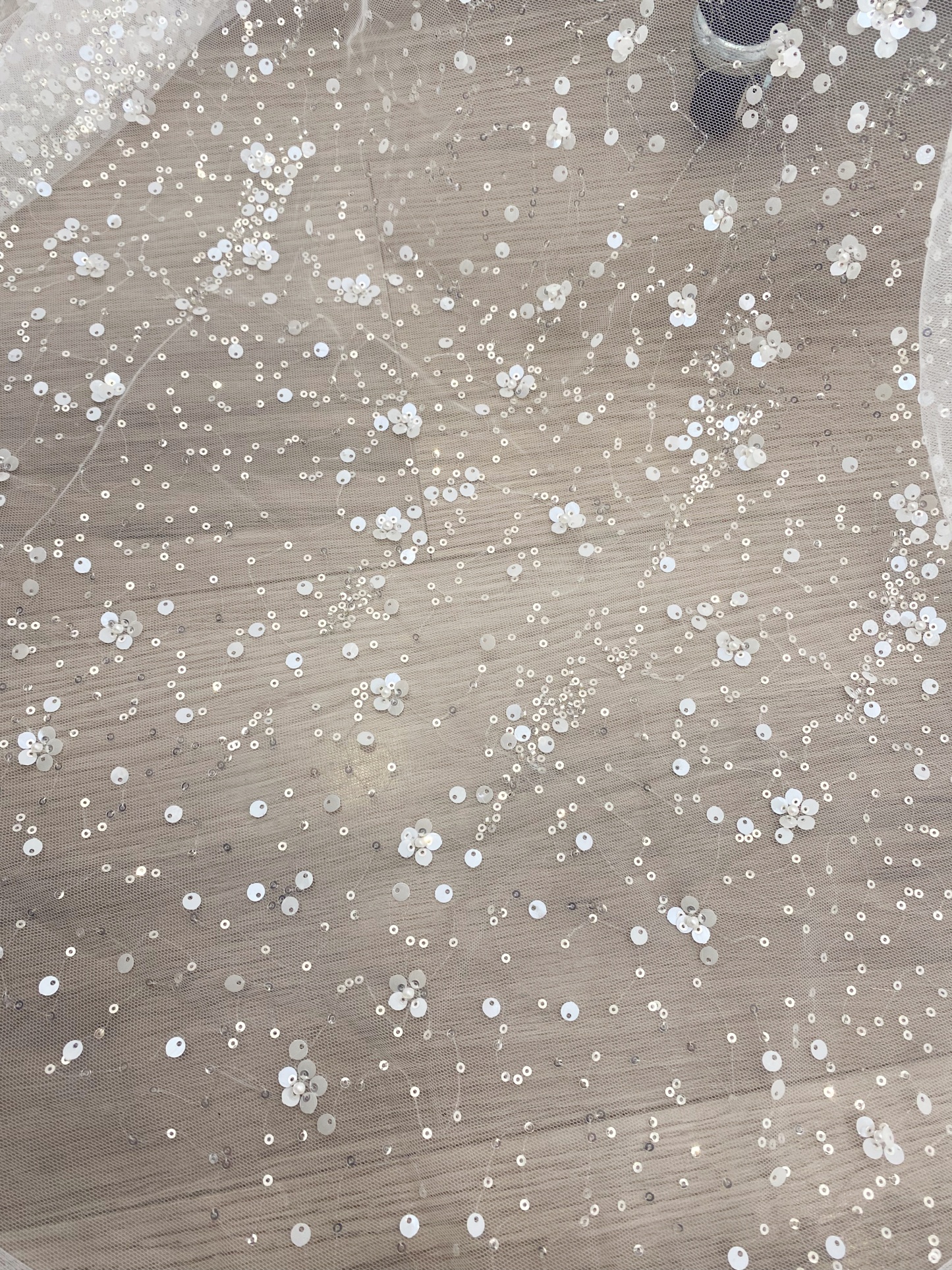 3D Flower Sequine Tulle Lace Fabric, White Heavy Beaded Bridal Mesh Lace for Wedding Dress, Veil, Skirt, Embroidery Tulle fabric by the yard