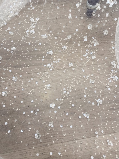 3D Flower Sequine Tulle Lace Fabric, White Heavy Beaded Bridal Mesh Lace for Wedding Dress, Veil, Skirt, Embroidery Tulle fabric by the yard