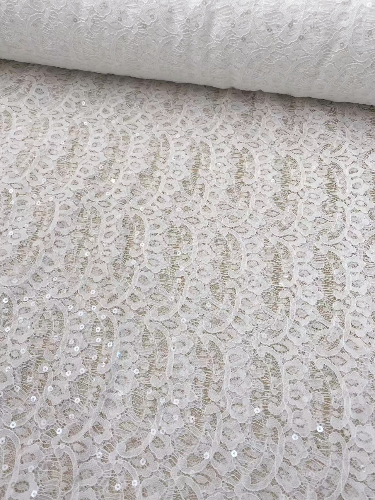 3 Meter Eyelash Lace Fabric with Sequins, Ivory French Wave Lace for Wedding Bridal Dress, Veil, Overlay,Underwear, Soft Bridal Tulle fabric