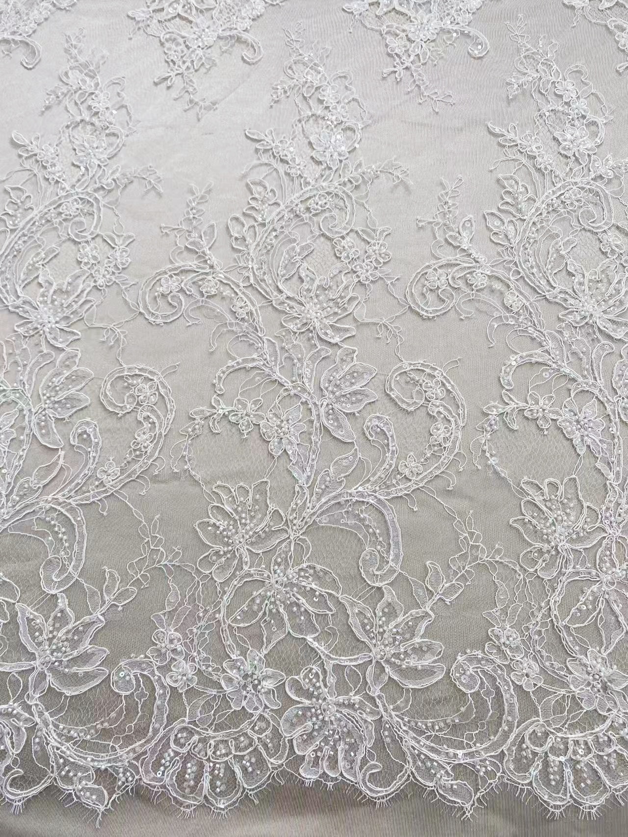 Luxurious Beaded French Chantilly Lace Fabric, Sequin Floral Embroidery Lace for wedding shrugs,bridal gown,Sold by 3 Yard