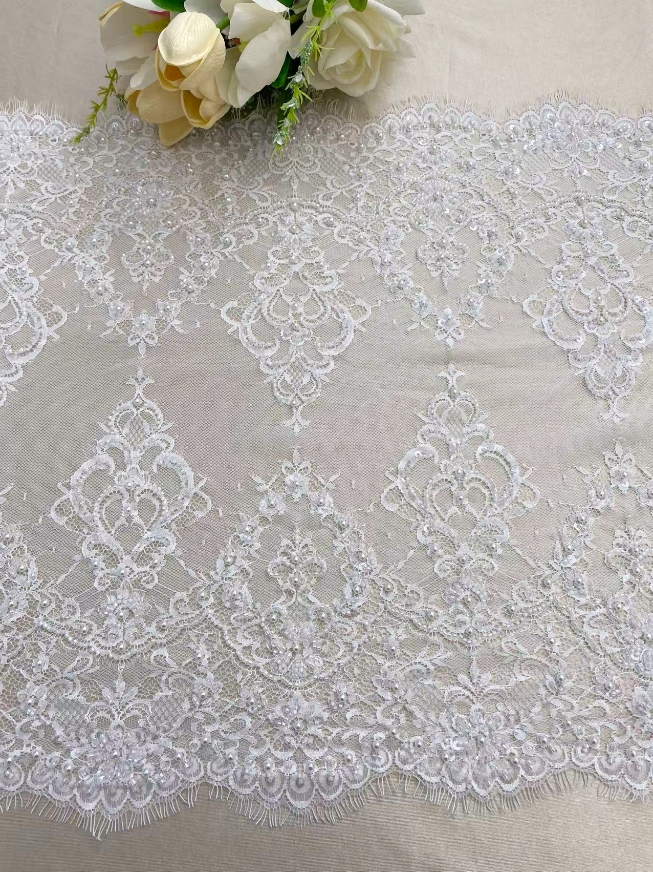 Chantilly Lace Trim with Pearls, White French Eyelash Lace Fabric for Bridal Veil, Beaded Embroidery Lace Tirm, Sold as 3-Meters Piece
