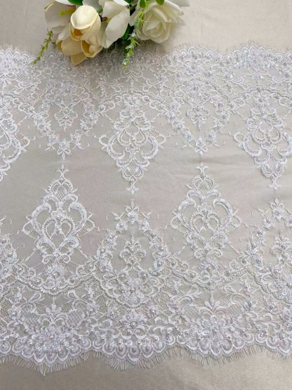 Chantilly Lace Trim with Pearls, White French Eyelash Lace Fabric for Bridal Veil, Beaded Embroidery Lace Tirm, Sold as 3-Meters Piece