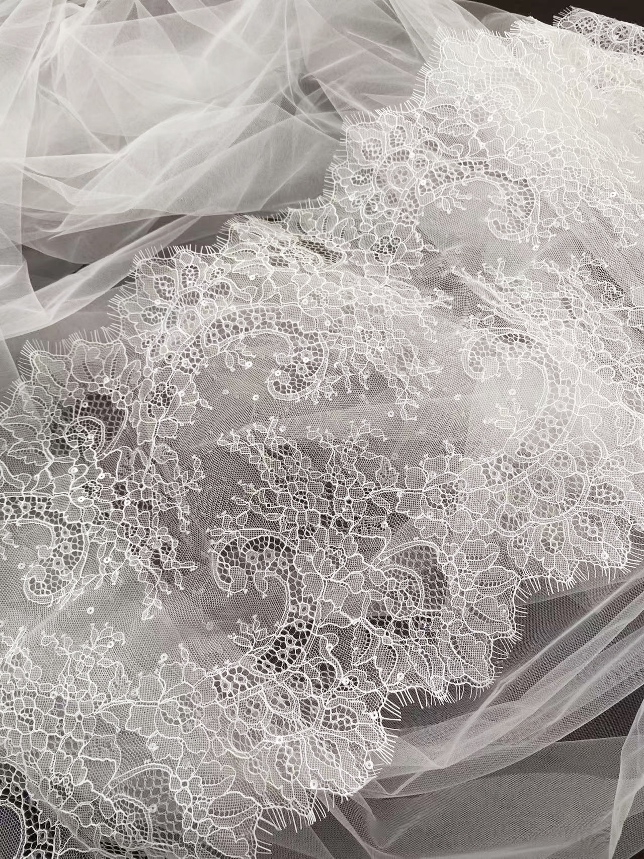 French Sequin Chantilly Lace Trim, Floral Trim Eyelash Edging, Eyelash Lace Wedding Dress Fabric for Bridal Veil, Bridal Cap Lace 3 meters
