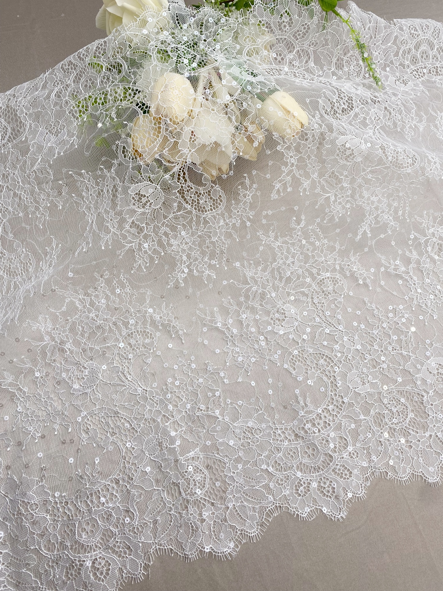 3 Meters French Chantilly Lace Trims with Double Side Scalloped, Sequins Lace Trim, Bridal Veil Lace Fabric